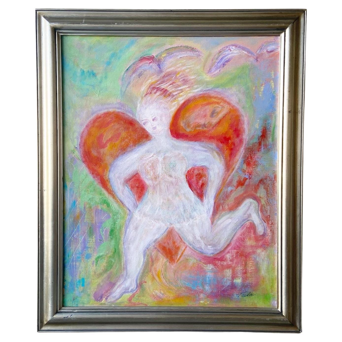 Vintage Framed and Signed Painting of Nude Woman and Heart