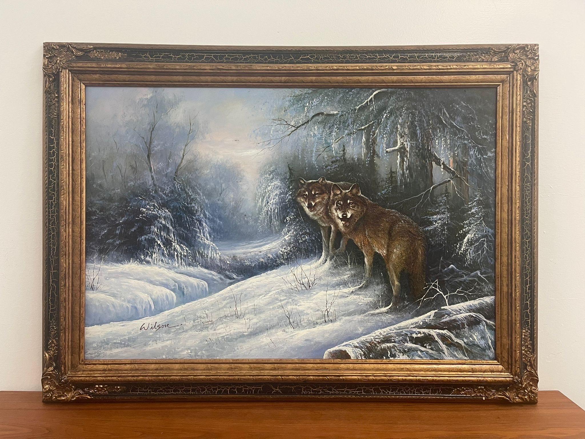 Vintage Painting on Canvas, Signed in the Lower Corner as Pictured. Textured Paint.,Particularly on the Wolves. Complimented Well with the Gold Toned Frame. Vintage Condition Consistent with Age as Pictured.

Dimensions. 44 W ; 1 D ; 31 H