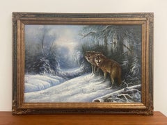 Vintage Framed and Signed Painting of Wolves in the Woods.