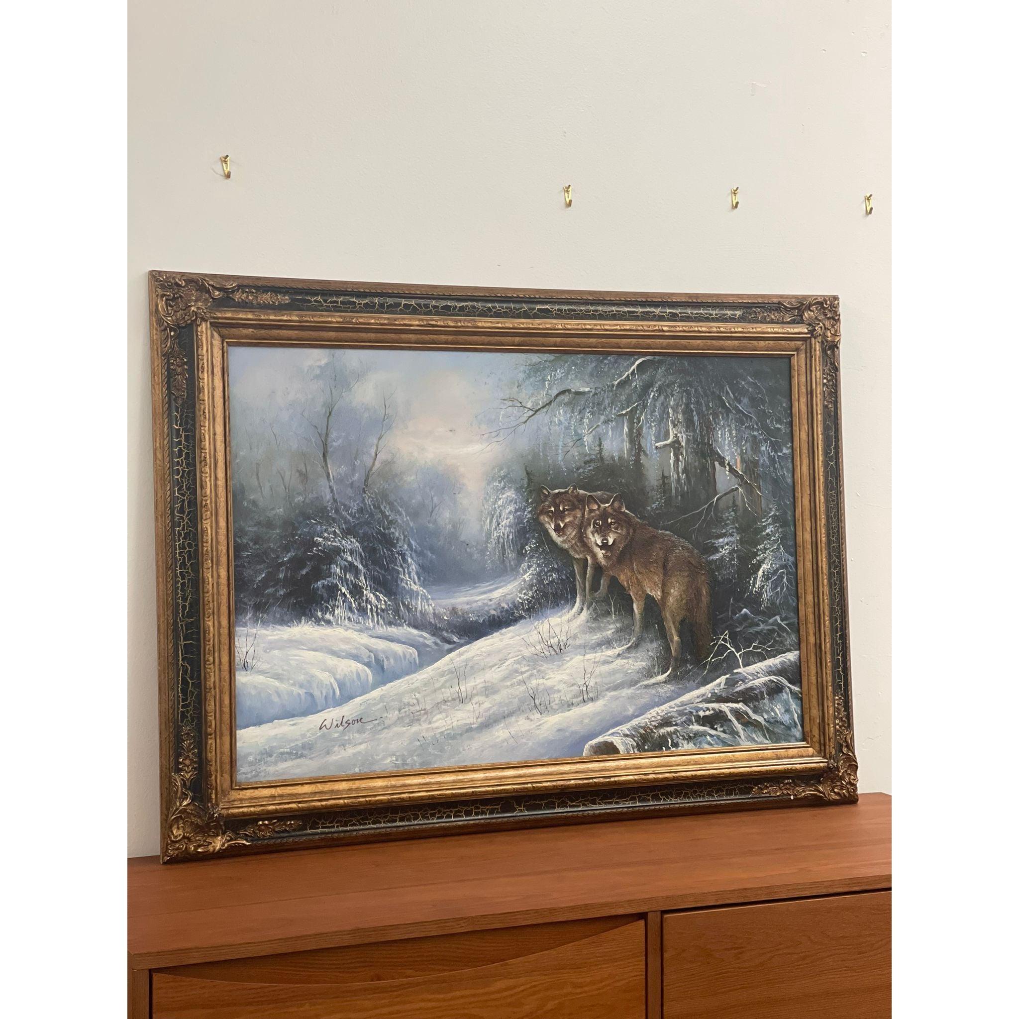  Vintage Painting on Canvas, Signed in the Lower Corner as Pictured. Textured Paint.,Particularly on the Wolves. Complimented Well with the Gold Toned Frame. Vintage Condition Consistent with Age as Pictured.

Dimensions. 44 W ; 1 D ; 31 H