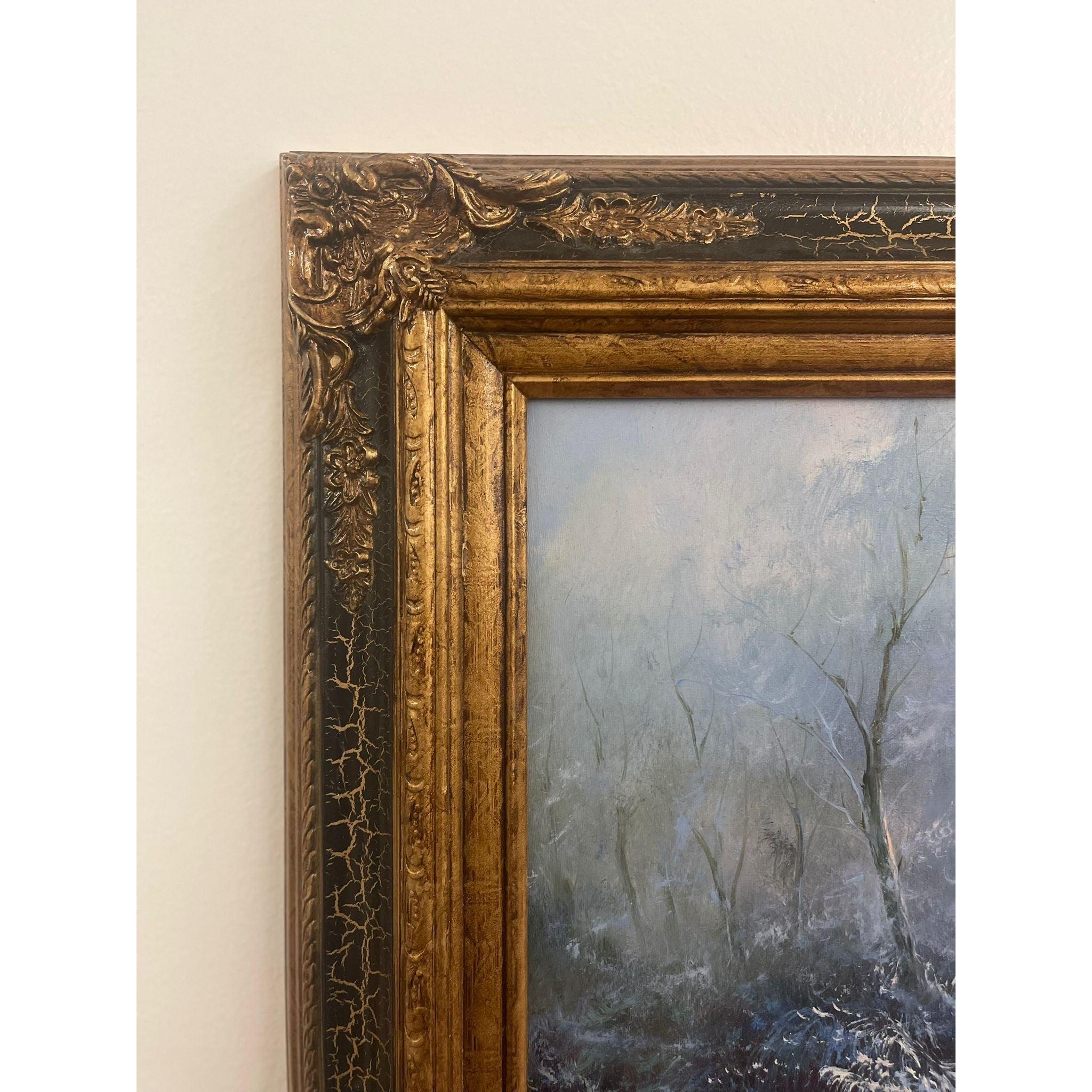 Mid-Century Modern Vintage Framed and Signed Painting of Wolves in the Woods For Sale