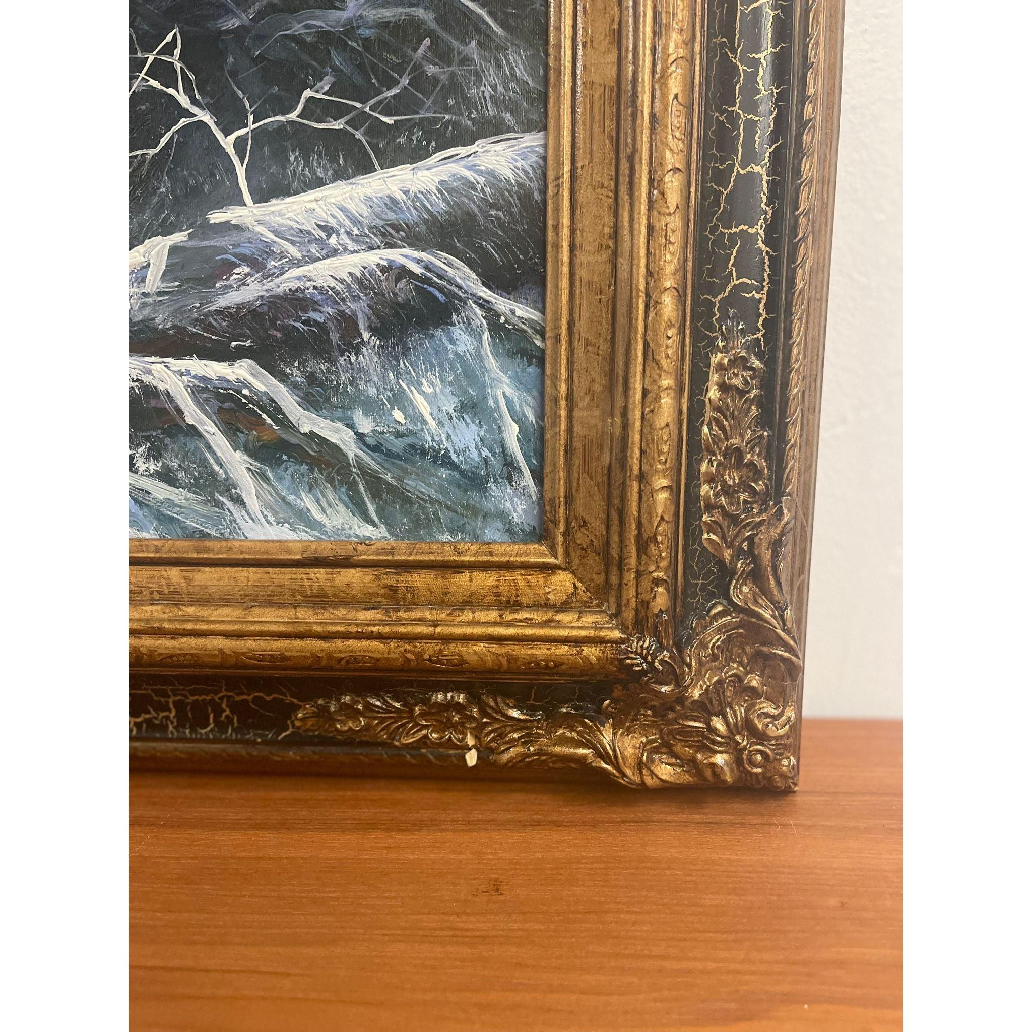 Canvas Vintage Framed and Signed Painting of Wolves in the Woods For Sale