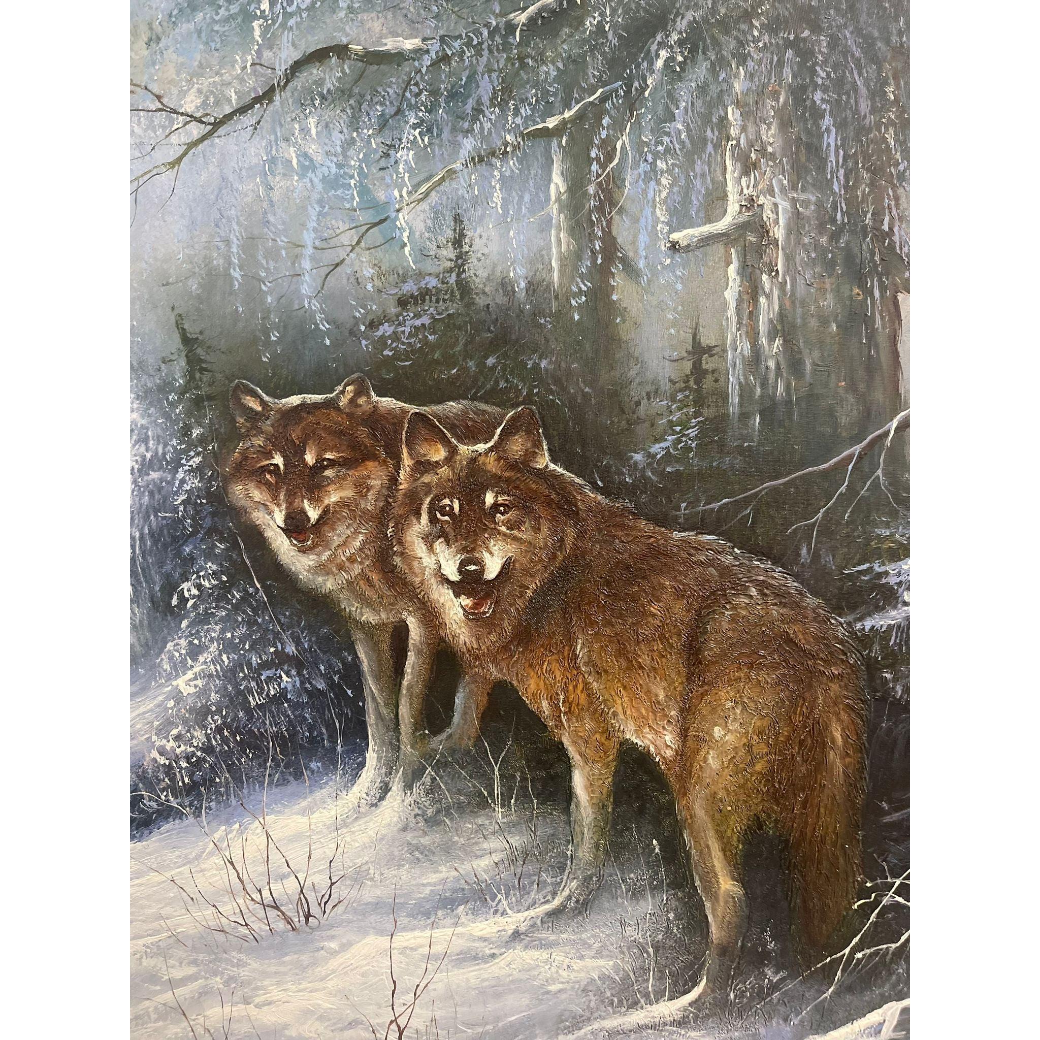 Vintage Framed and Signed Painting of Wolves in the Woods For Sale 1