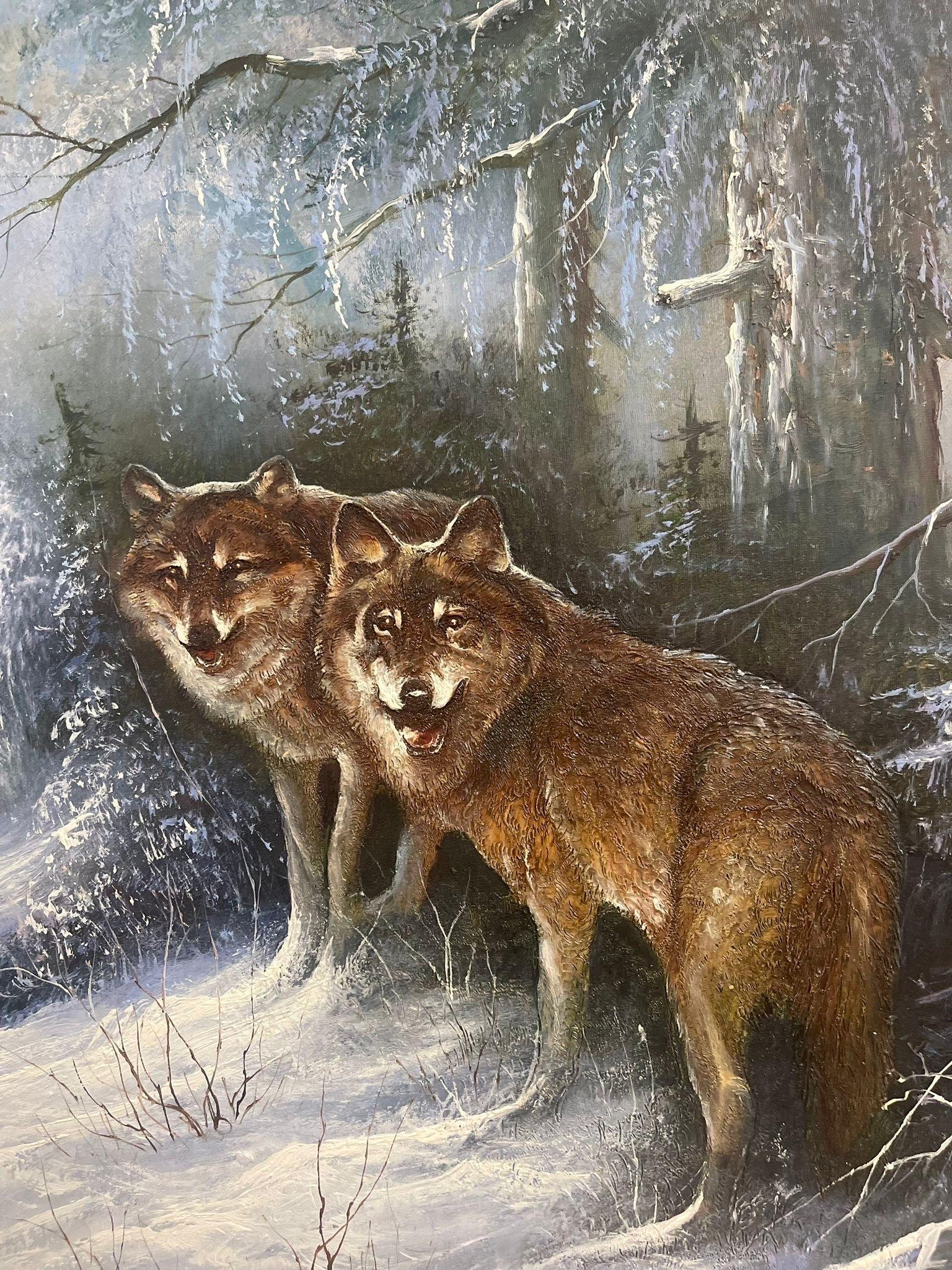 Vintage Framed and Signed Painting of Wolves in the Woods. For Sale 2