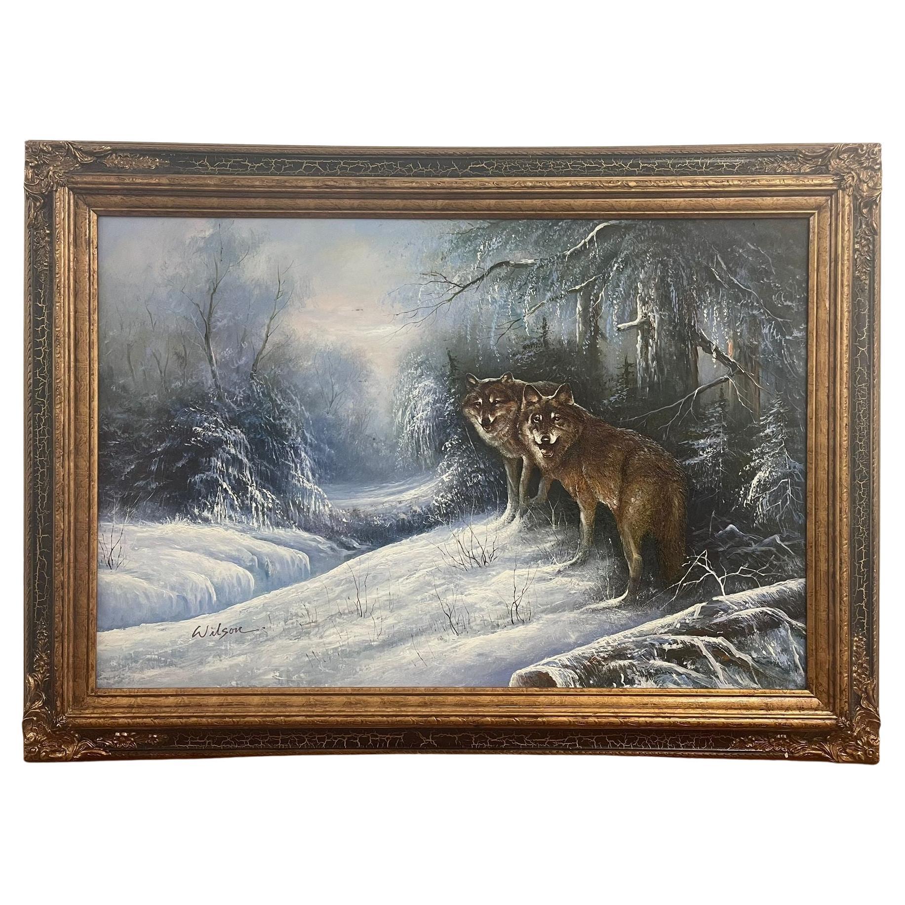 Vintage Framed and Signed Painting of Wolves in the Woods