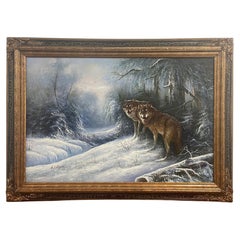 Vintage Framed and Signed Painting of Wolves in the Woods