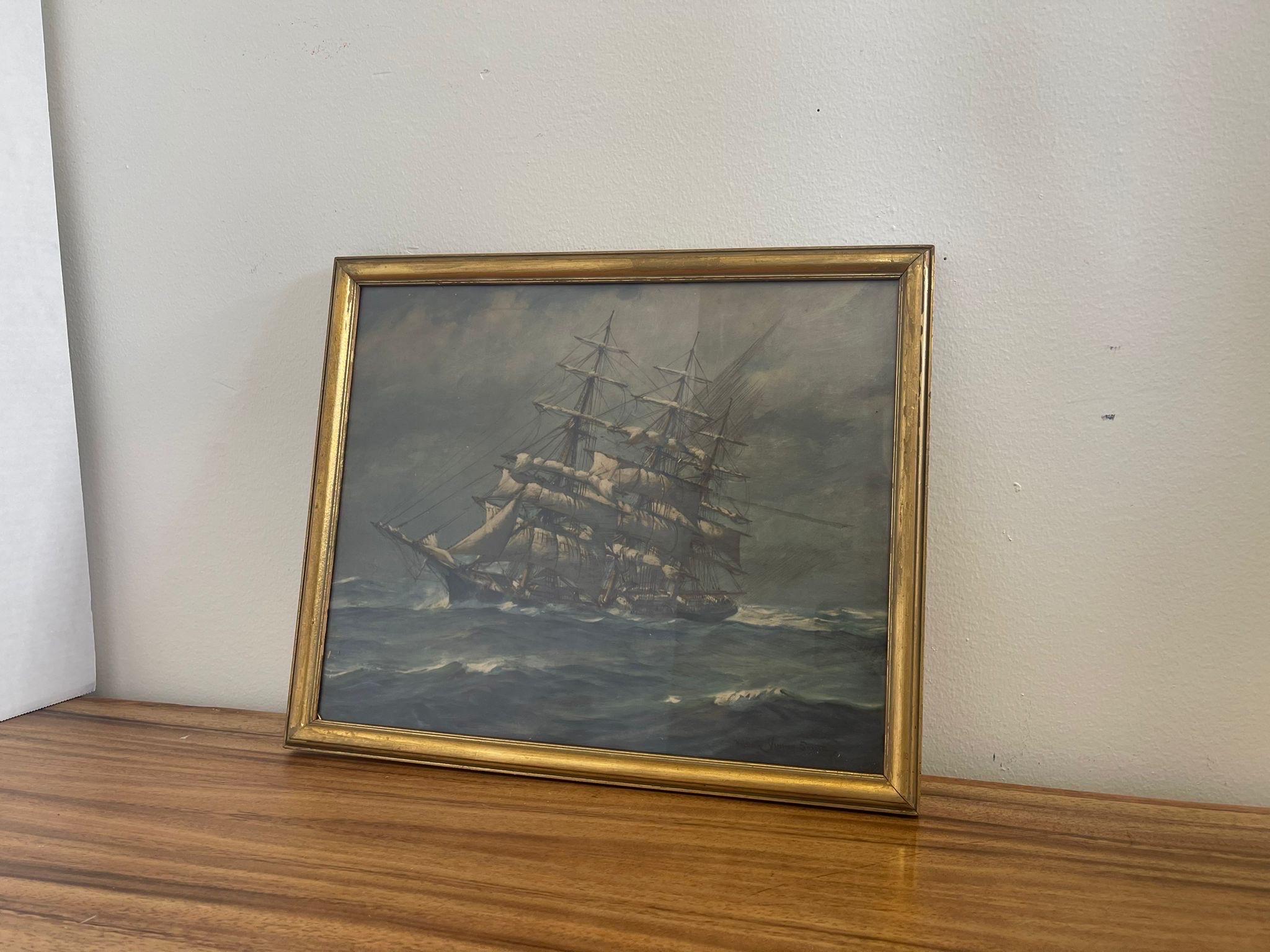 Print is within a gold toned wooden frame. Slight Patina. Artwork of sailboat going through the stormy weather. Vintage Condition Consistent with Age as Pictured.

Dimensions. 15 W ; 3/4 D ; 12 1/2 H