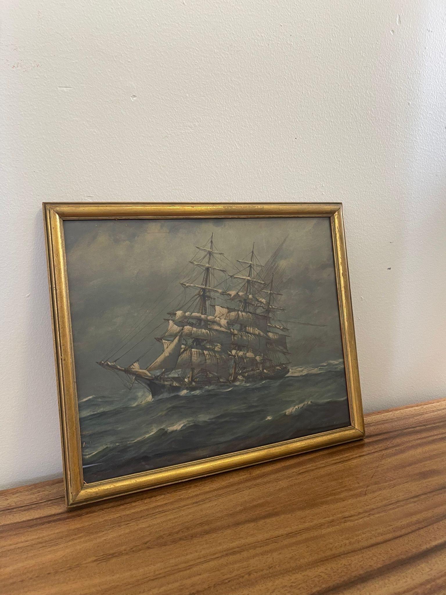 Mid-Century Modern Vintage Framed and Signed Print of Sail Boat at Sea. For Sale