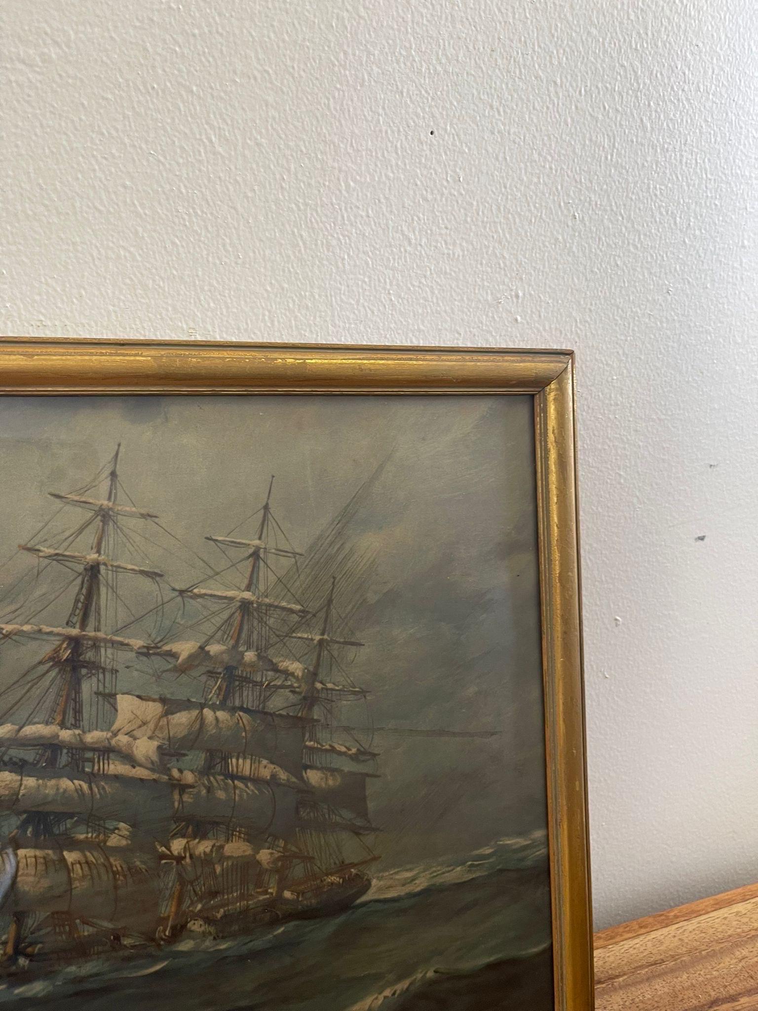 Impression vintage encadrée et signée d'un bateau de voile en mer Bon état - En vente à Seattle, WA