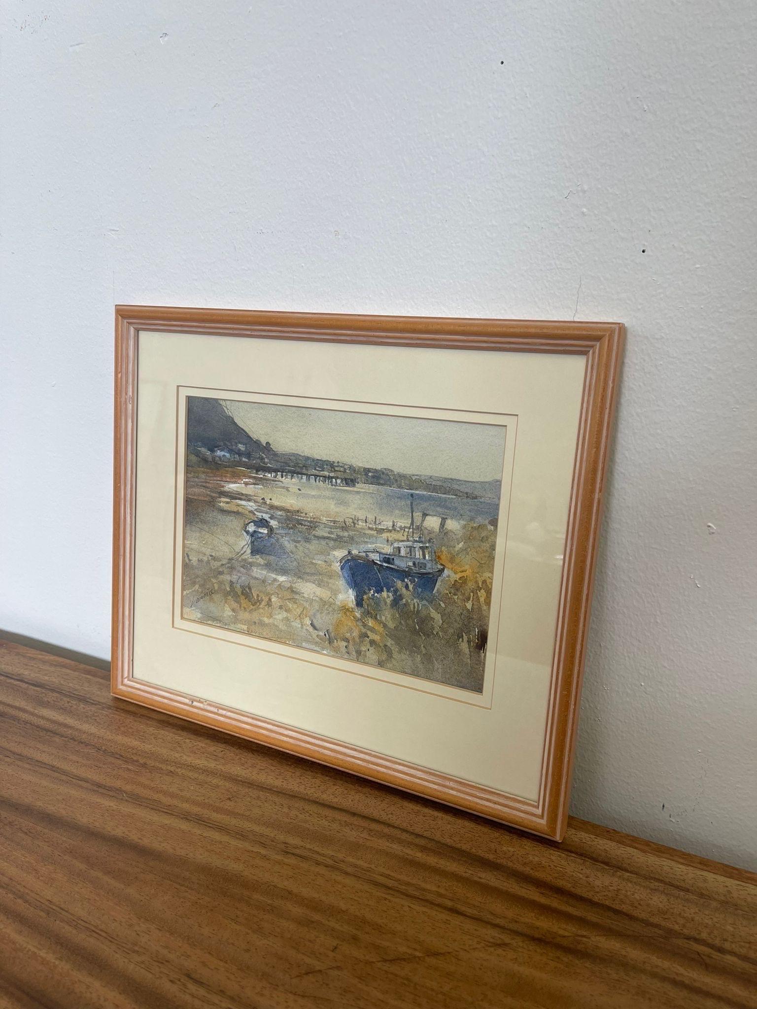 Mid-Century Modern Aquarelle d'art vintage encadrée et signée, peut-être une estampe. en vente