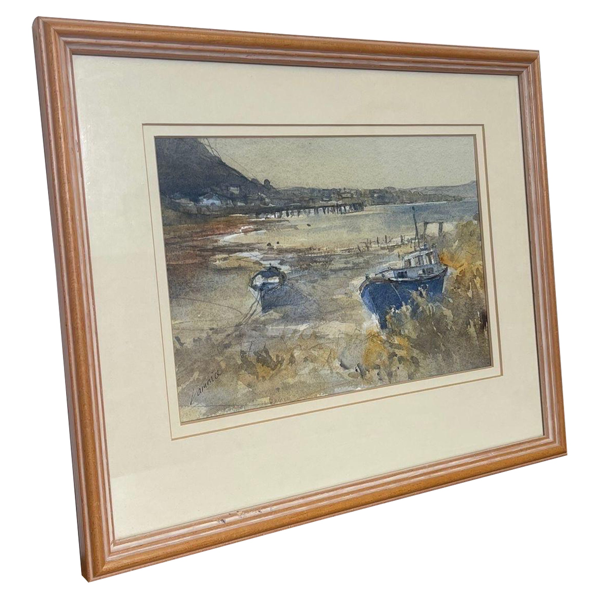 Aquarelle d'art vintage encadrée et signée, peut-être une estampe.