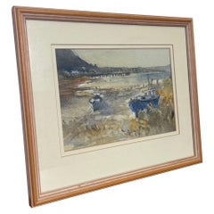 Obra de arte vintage en acuarela enmarcada y firmada, posiblemente un grabado.