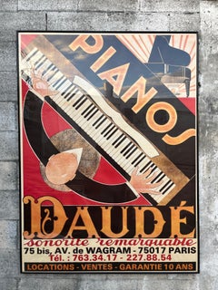 Vintage Framed Art Deco Poster "Pianos Daude" by Andre Daude. Circa 1980s