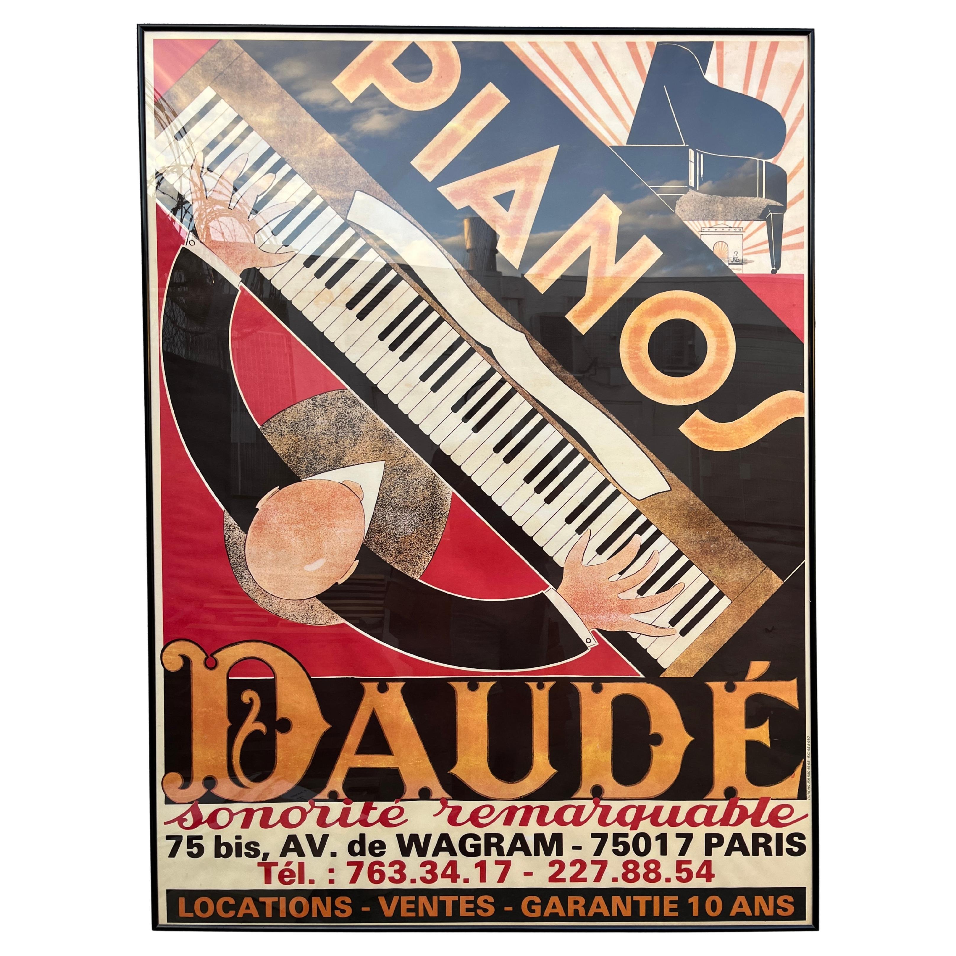 Vintage Framed Art Deco Poster "Pianos Daude" by Andre Daude. Circa 1980s
