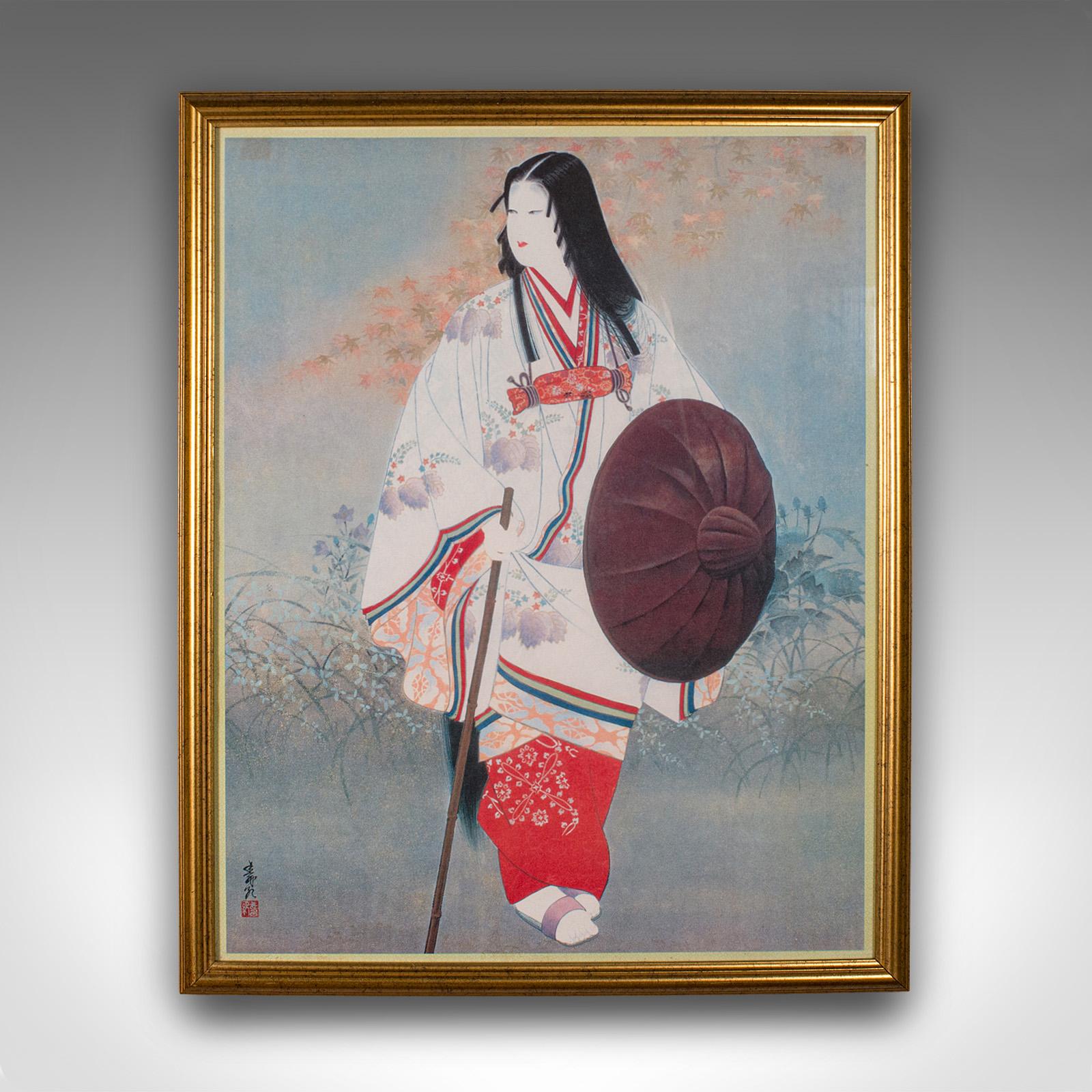 This is a vintage framed art print. A Japanese, female geisha figure from the late Art Deco period, circa 1950.

In the manner of traditional Japanese woodblock figures
Displaying a desirable aged patina and in good order throughout
Figure displays