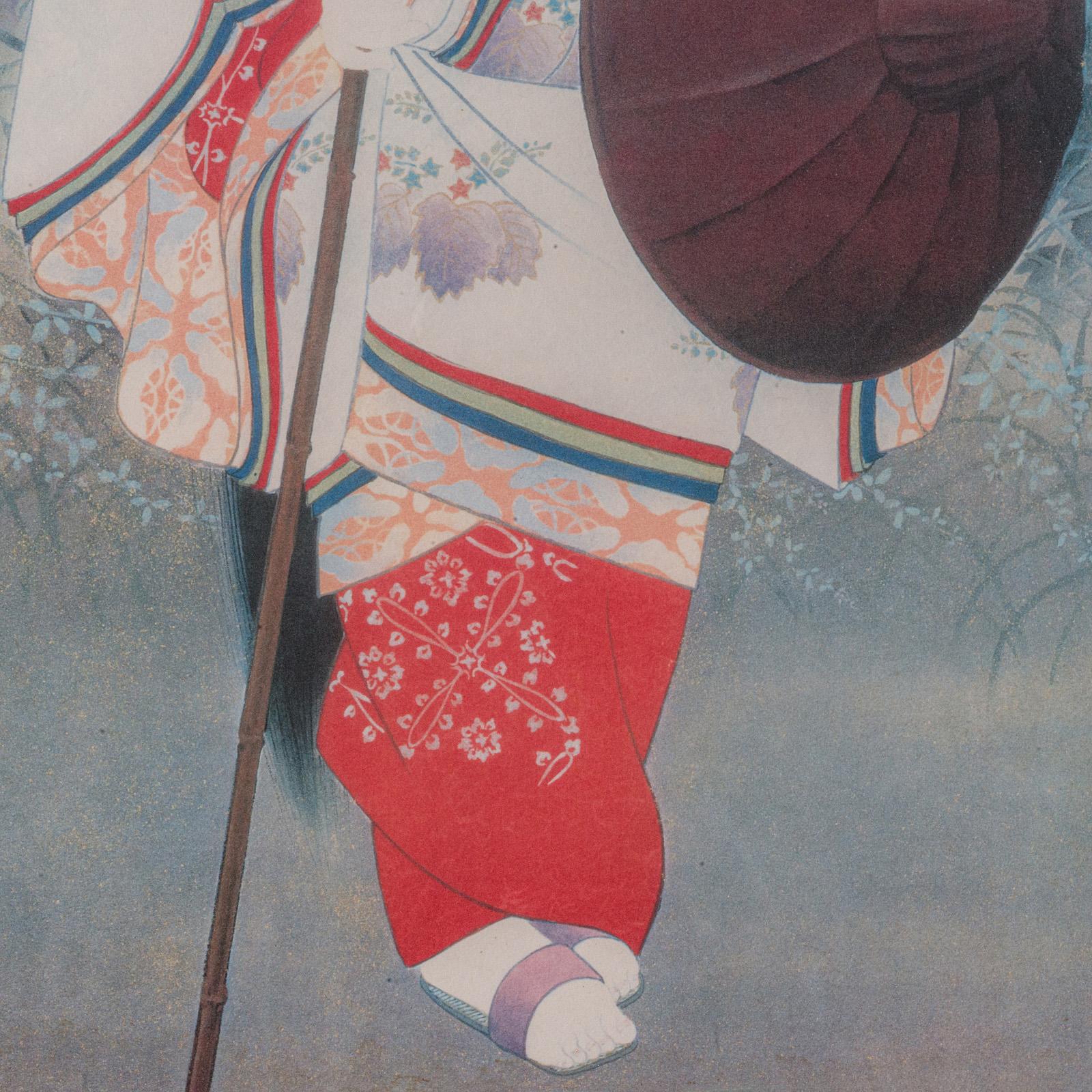 20th Century Vintage Framed Art Print, Japanese, Female, Geisha Figure, Art Deco, Circa 1950 For Sale