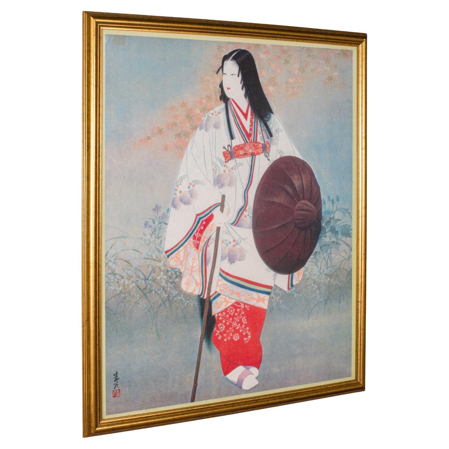 Vintage Framed Art Print, Japanese, Female, Geisha Figure, Art Deco, Circa 1950 For Sale