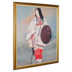 Gerahmter Vintage-Kunstdruck, japanisch, weiblich, Geisha-Figur, Art déco, um 1950