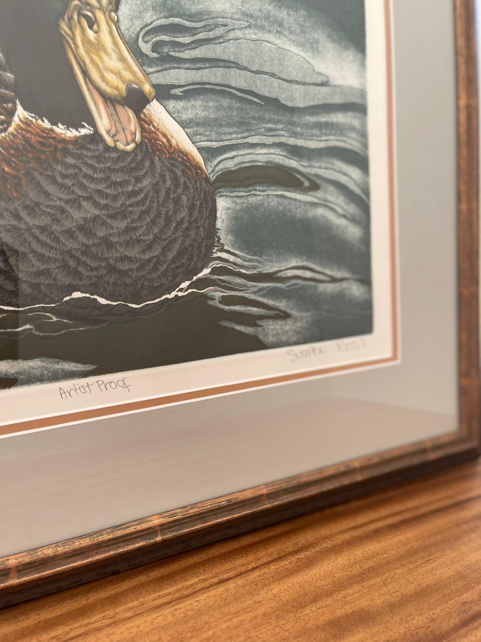 Vintage Framed Art Print Titled “ Drakes Approaching “ by Suellen Ross In Good Condition For Sale In Seattle, WA