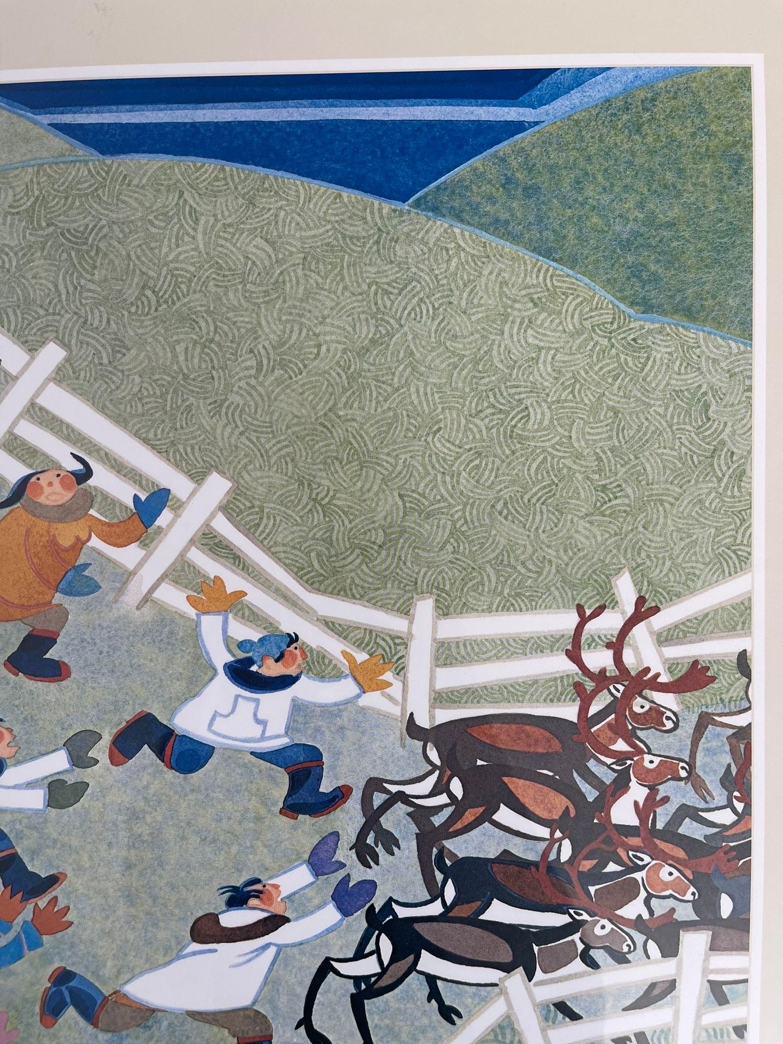 Gerahmter Vintage-Kunstdruck mit dem Titel „Reindeer Roundup“ von Rie Munoz. Ca. 1992 (Holz) im Angebot