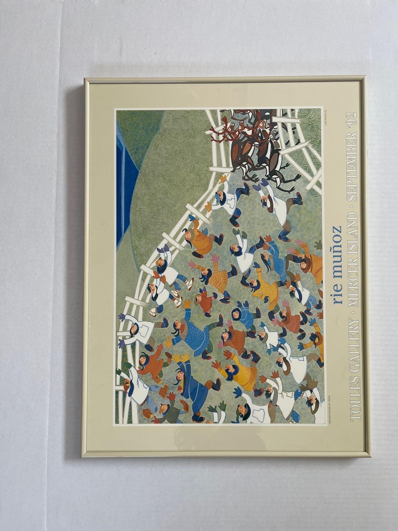 Gerahmter Vintage-Kunstdruck mit dem Titel „Reindeer Roundup“ von Rie Munoz. Ca. 1992 im Angebot 2
