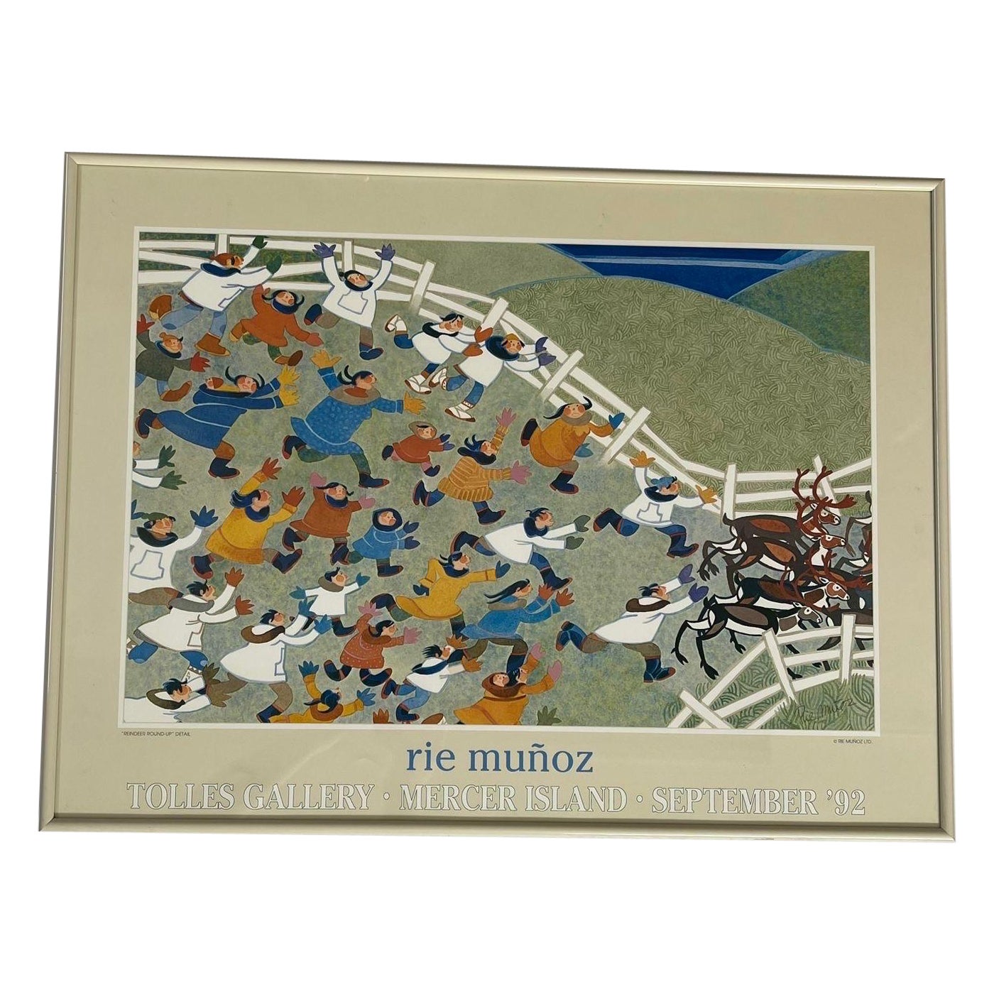 Gerahmter Vintage-Kunstdruck mit dem Titel „Reindeer Roundup“ von Rie Munoz. Ca. 1992 im Angebot