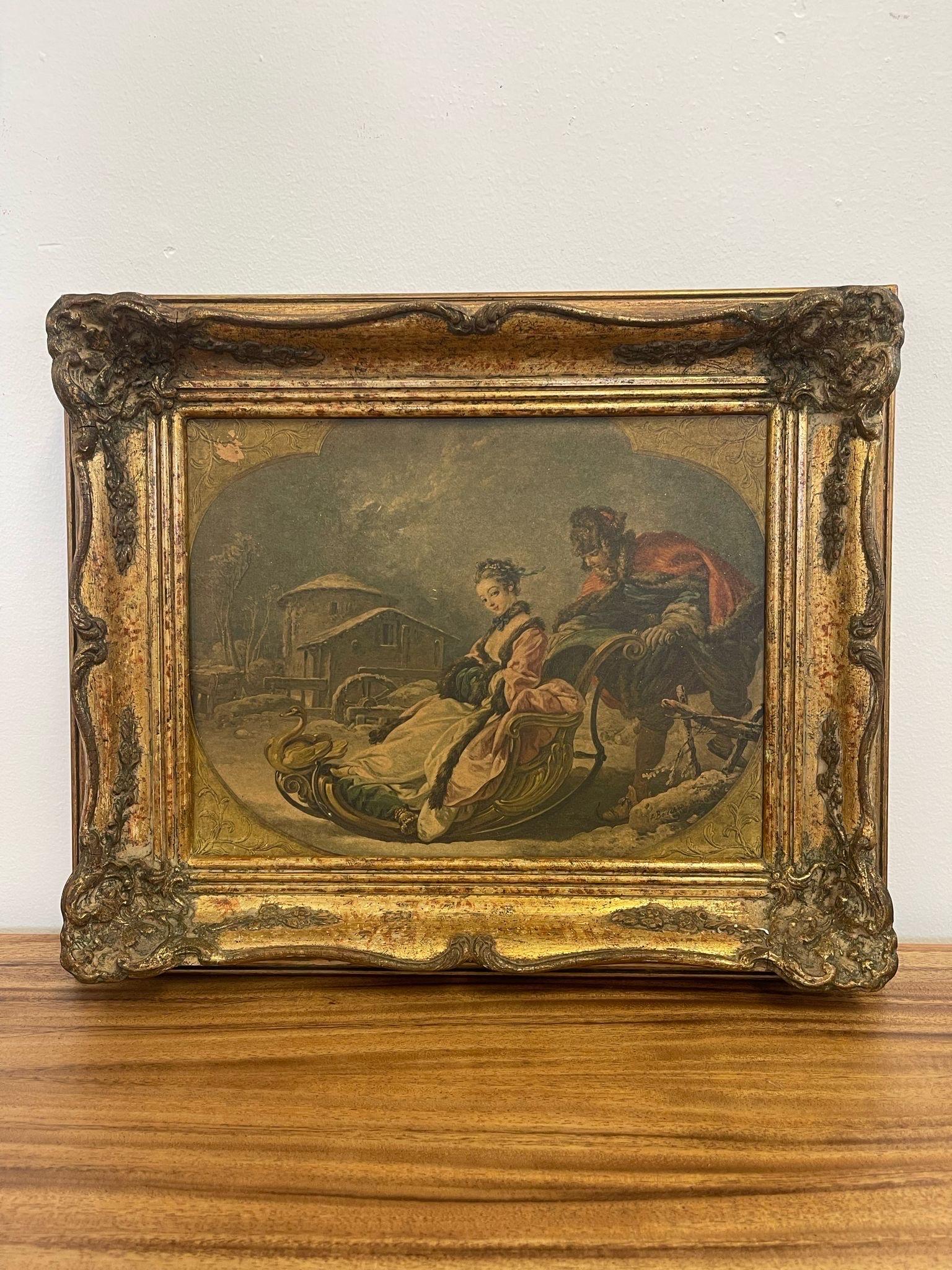 This Art piece has a beautiful Petina throughout due to aging. The print contains a couple sledding through Snow. Reproduction of an original work by Francois Boucher. Vintage Condition Consistent with Age as Pictured.

Dimensions. 16 W ; 1 D ; 19 H