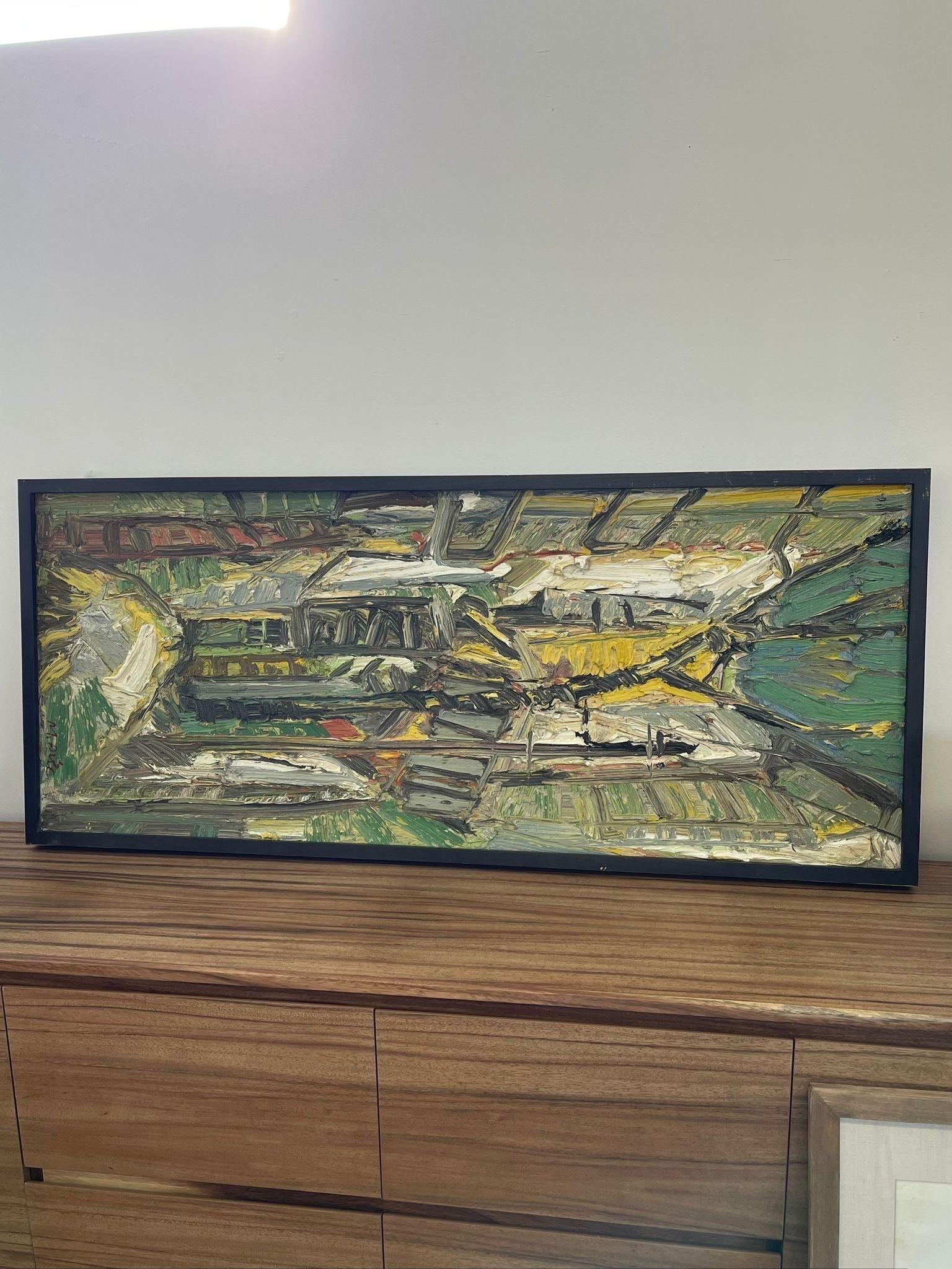 Framed Artwork within a Black Frame. Signed M. Bile as Pictured. Textured Paint Creates a 3D Effect. Green and Yellow Color Palette.Abstract City Landscape.

Dimensions. 54 W ; 3 D ; 23 H