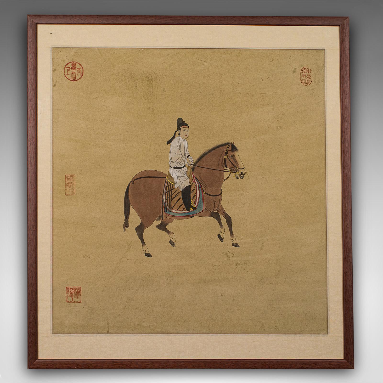 
This is a vintage framed artwork. An Oriental, ink on paper picture from the Chinese School, dating to the mid 20th century, circa 1950.

In the manner of Tang Dynasty paintings with similarity to Han Gan's works
Displaying a desirable aged patina