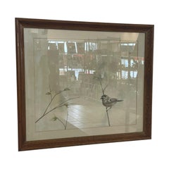 Vintage Framed Bird Illustration with Double Mat and Wood Frame Mixed Media.