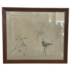 Vintage Framed Bird Illustration with Double Mat and Wood Frame Mixed Media.