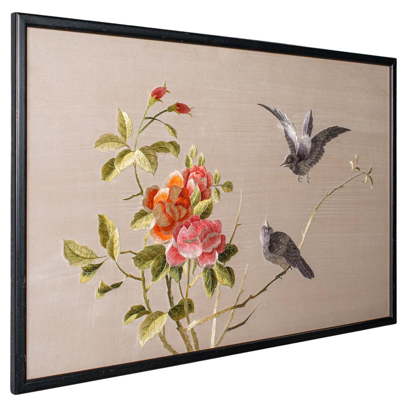 Vintage Framed Bird Scene, Japanese, Silk Cotton Embroidery, Art Deco, C.1940