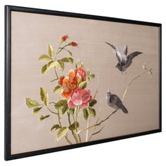 Vintage Framed Bird Scene, Japanese, Silk Cotton Embroidery, Art Deco, C.1940