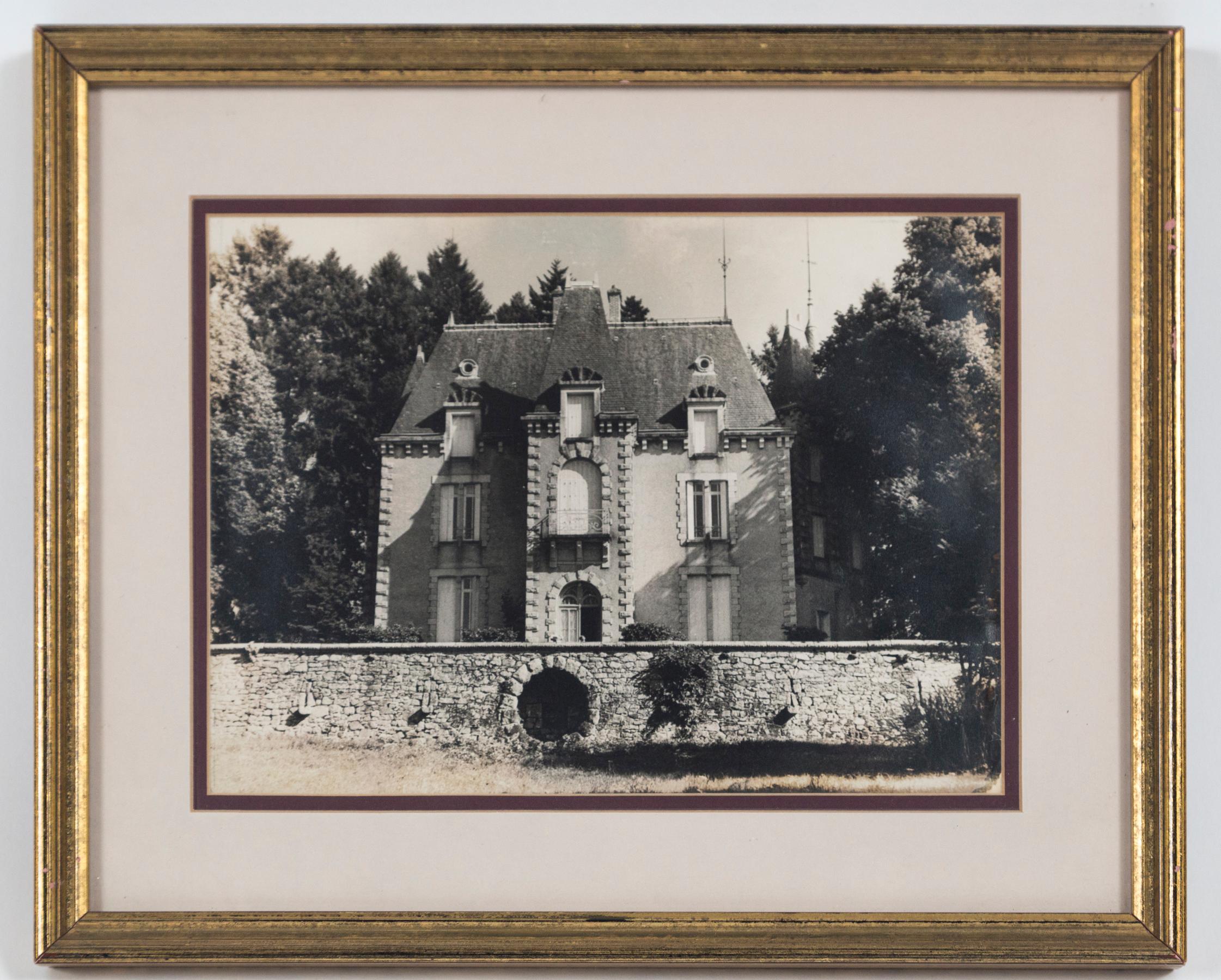 Vintage framed black and white photograph, Le Chateau, France, circa 1950's. A charming image of a chateau in the French countryside. Professionally framed and matted. Provenance: Estate of Janine Metz, social secretary to the Duchess of Windsor in