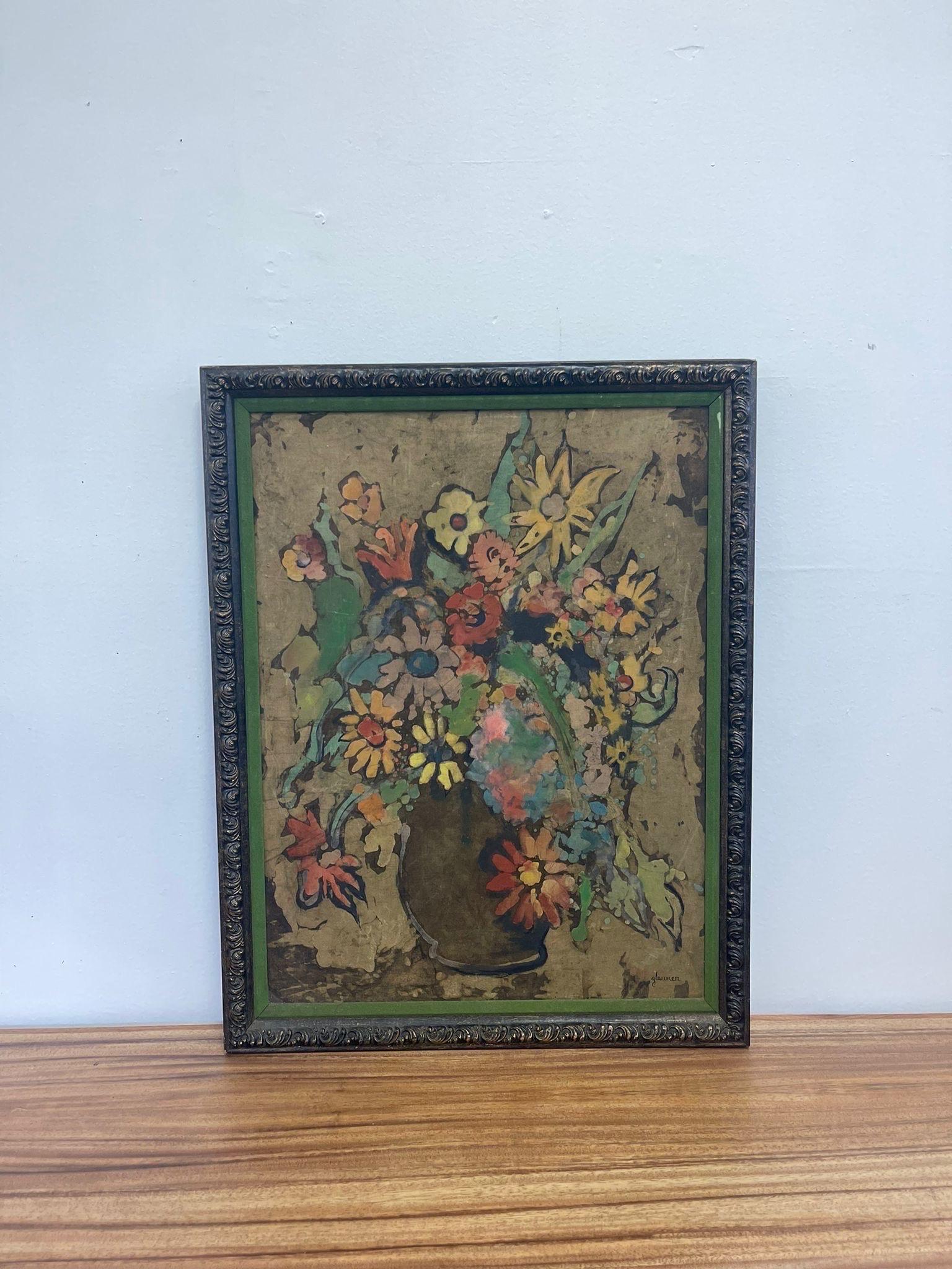 Beautiful Antique Style Painting of Flowers in a Vase. Green Velvet lining on the Frame. Vintage Condition Consistent with Age as Pictured.

Dimensions. 21 W ; 3/4 D ; 26 1/2 H