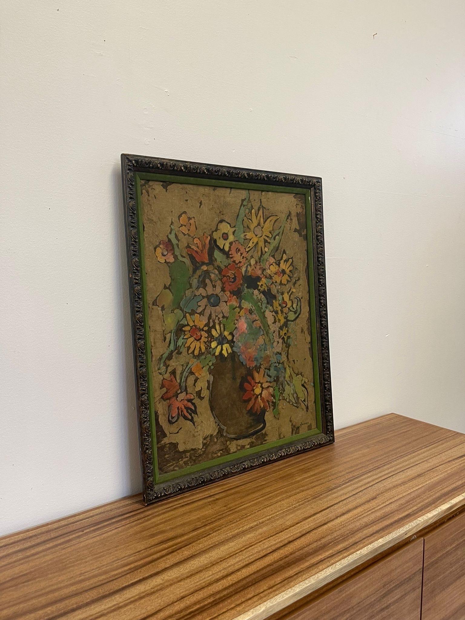 Mid-Century Modern Vintage Framed Bouquet Painting. For Sale