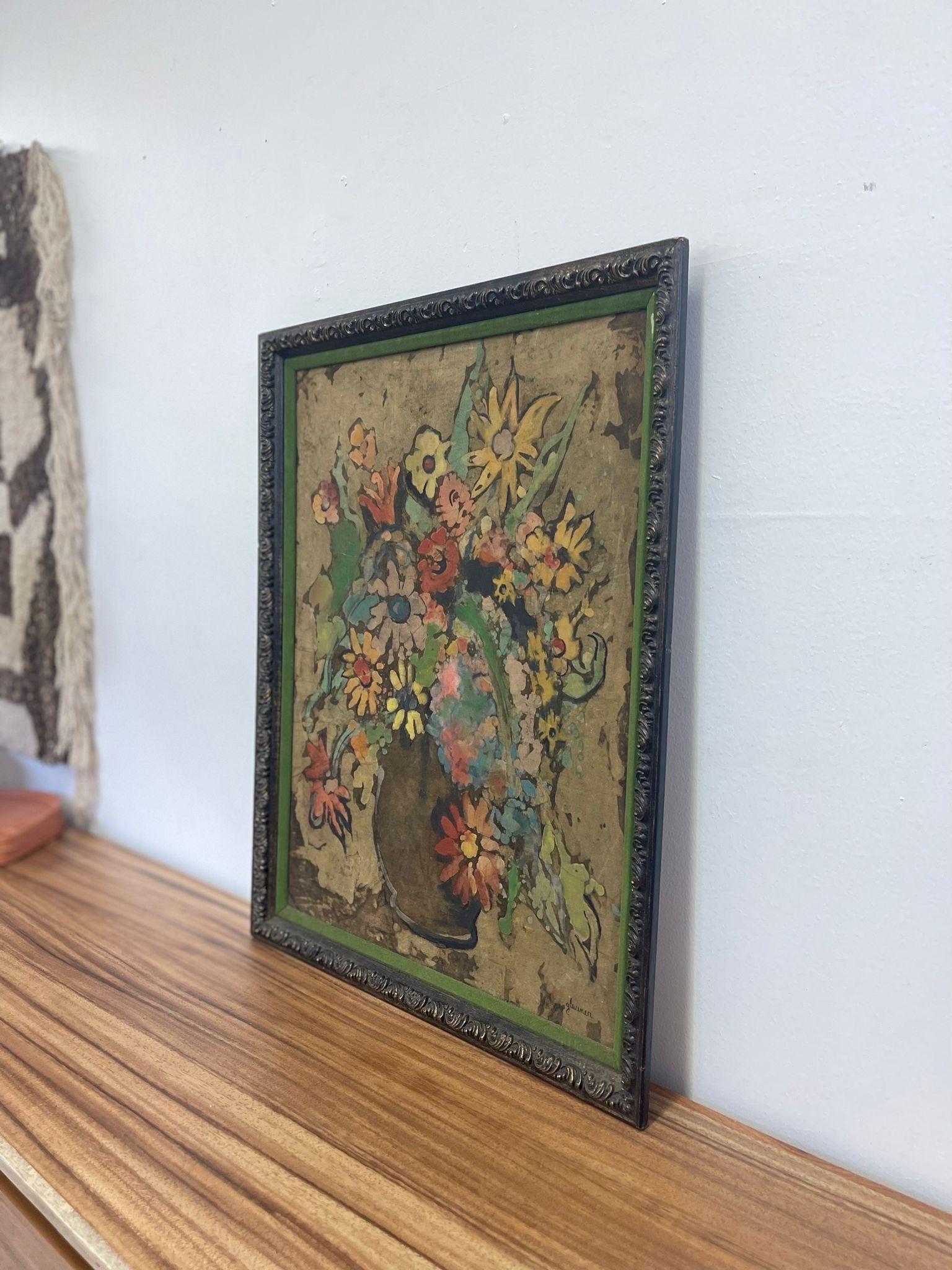 Gerahmtes Vintage Blumenstrauß-Gemälde. (Moderne der Mitte des Jahrhunderts) im Angebot