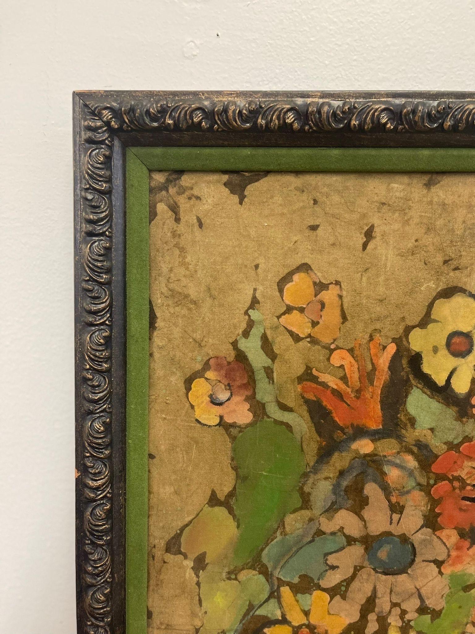 Velvet Vintage Framed Bouquet Painting. For Sale