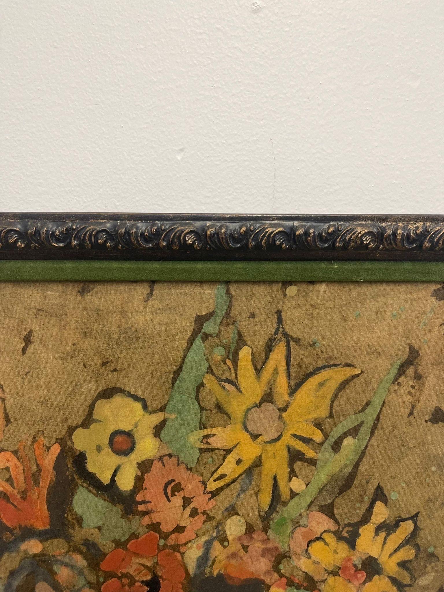 Gerahmtes Vintage Blumenstrauß-Gemälde. (Samt) im Angebot