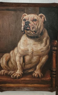 Quadro ad olio d'epoca incorniciato Bulldog su divano