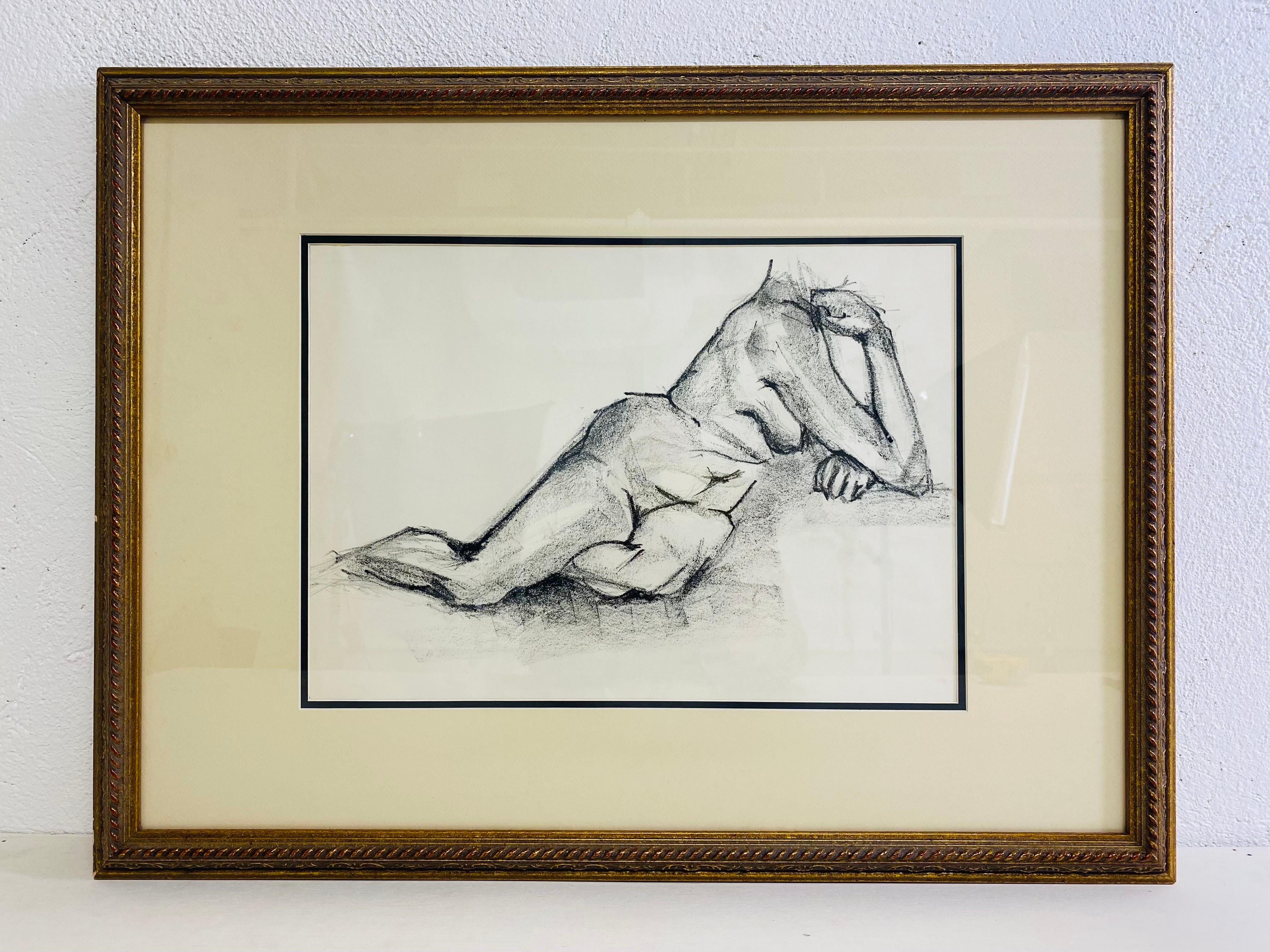 Hand-Crafted Vintage Framed Charcoal on Paper Female Impressionist Nude Study For Sale