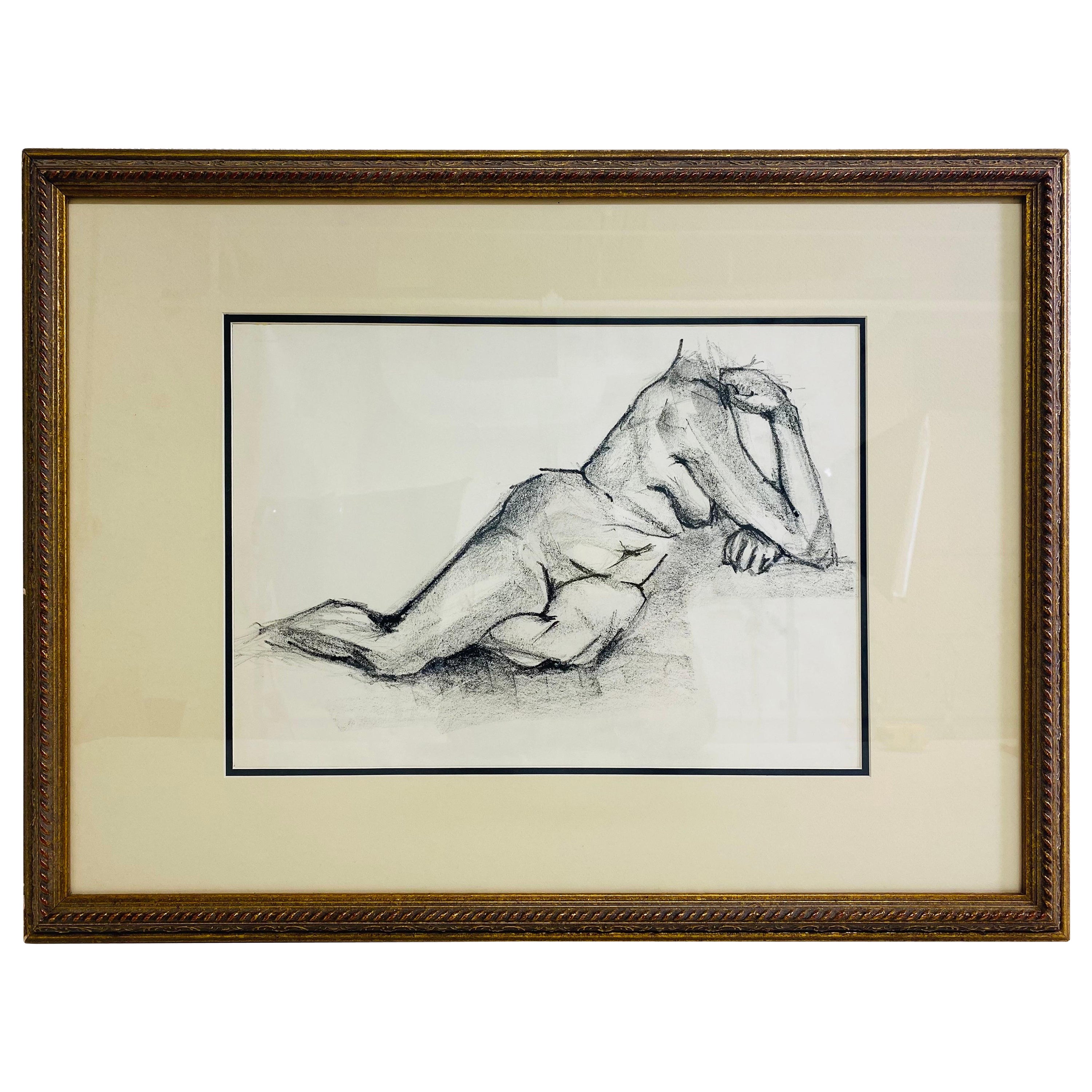 Vintage-Impressionistische Aktstudie in gerahmter Kohle auf Papier, weiblicher Akt.