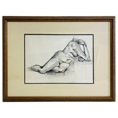 Vintage-Impressionistische Aktstudie in gerahmter Kohle auf Papier, weiblicher Akt.