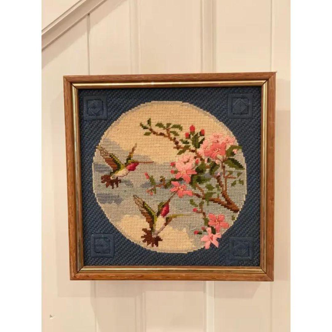 Lovely Handmade Vintage Framed Humming bird and Floral / Flowers Needlepoint Chinoiserie Asian Boho Flare Cherry Blossom Tree Square Frame