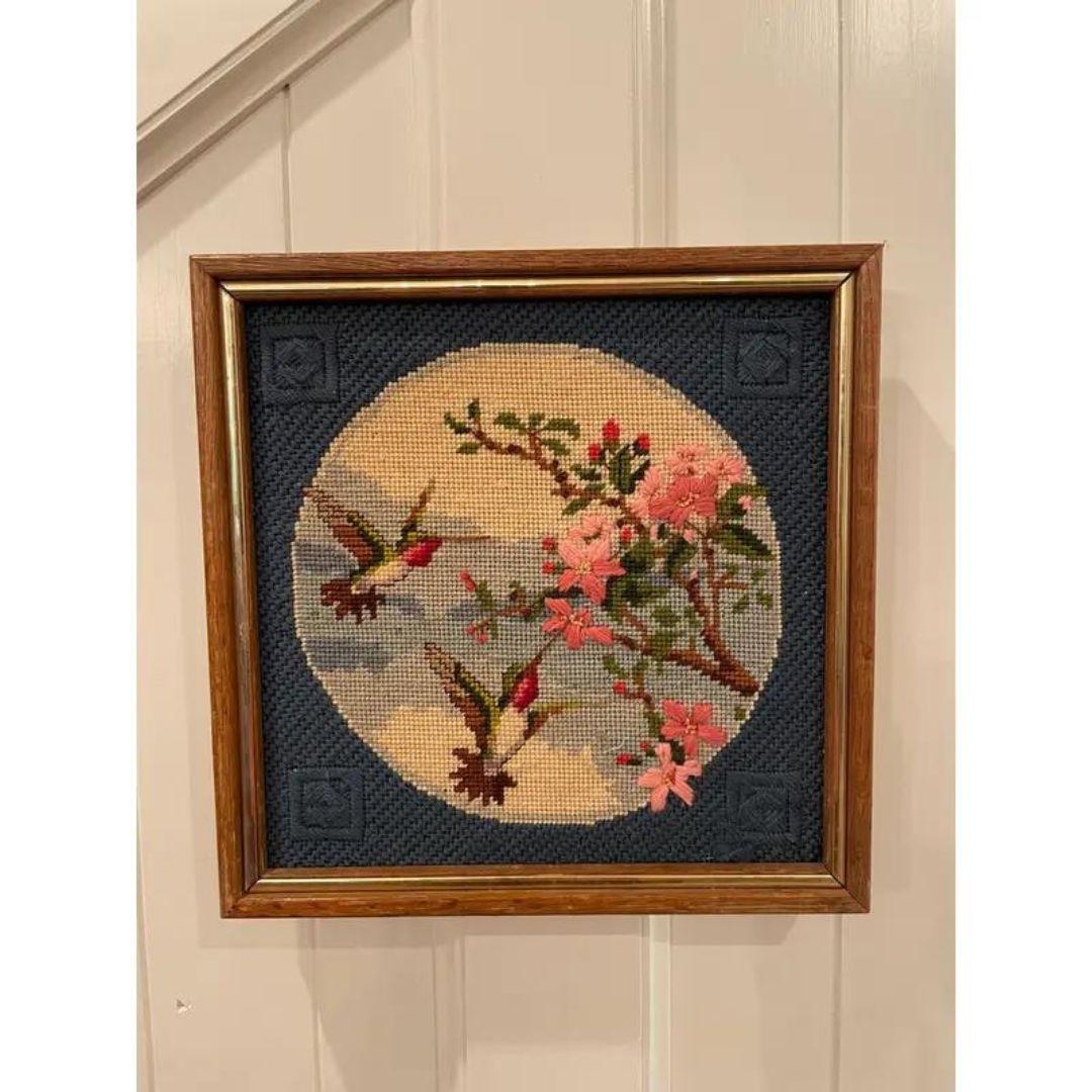 Textile Vintage Framed Chinoiserie Asian Boho Flare Cherry Blossom Tree Hummingbird and  For Sale