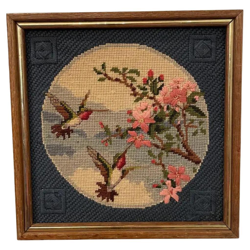 Vintage Framed Chinoiserie Asian Boho Flare Cherry Blossom Tree Hummingbird and  For Sale