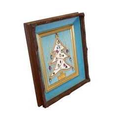Vintage Framed Christmas Tree on Turquoise Velvet - Folk Art Style