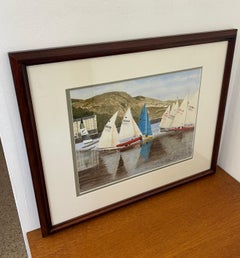 Vintage Framed Coastal Harbor Sailboat Watercolor Painting with Regatta Scene.