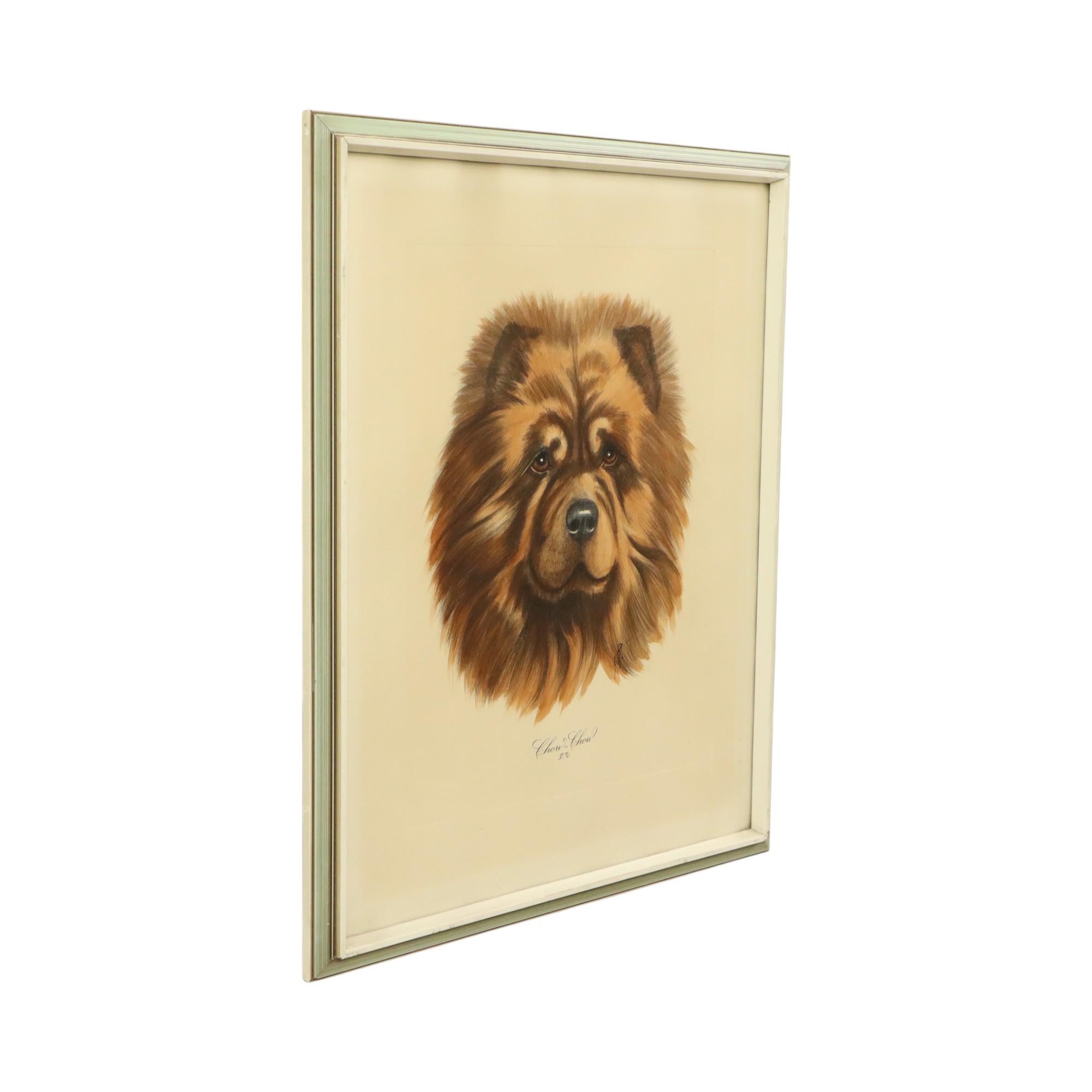 Glass Vintage Framed Color Litho Dog Chow Chow Signed For Sale