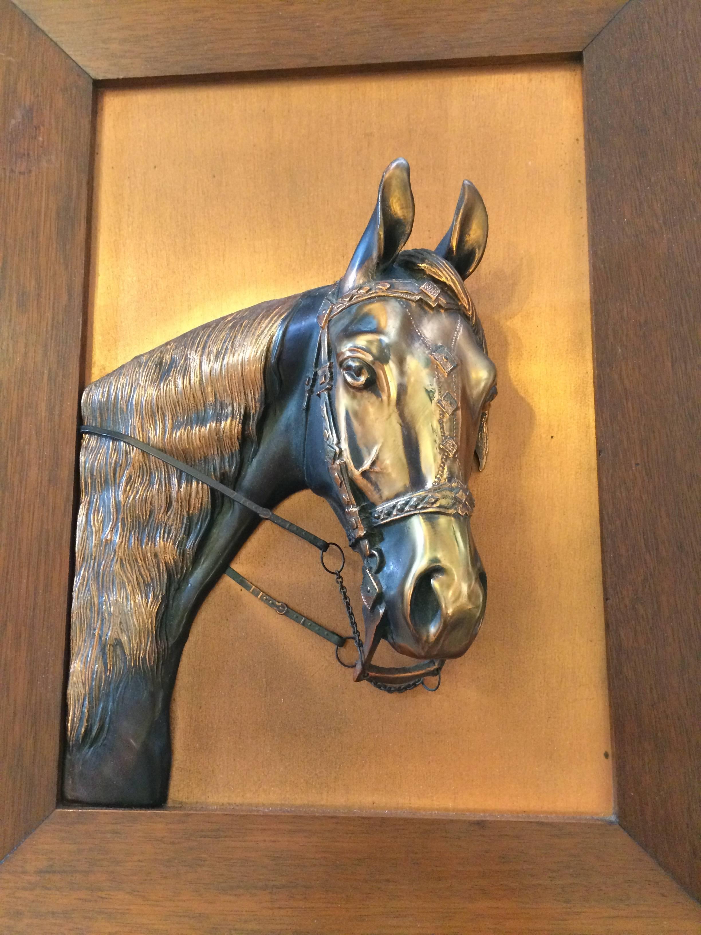 Early 20th Century Vintage Framed Copper Equestrian Horse Head in Relief